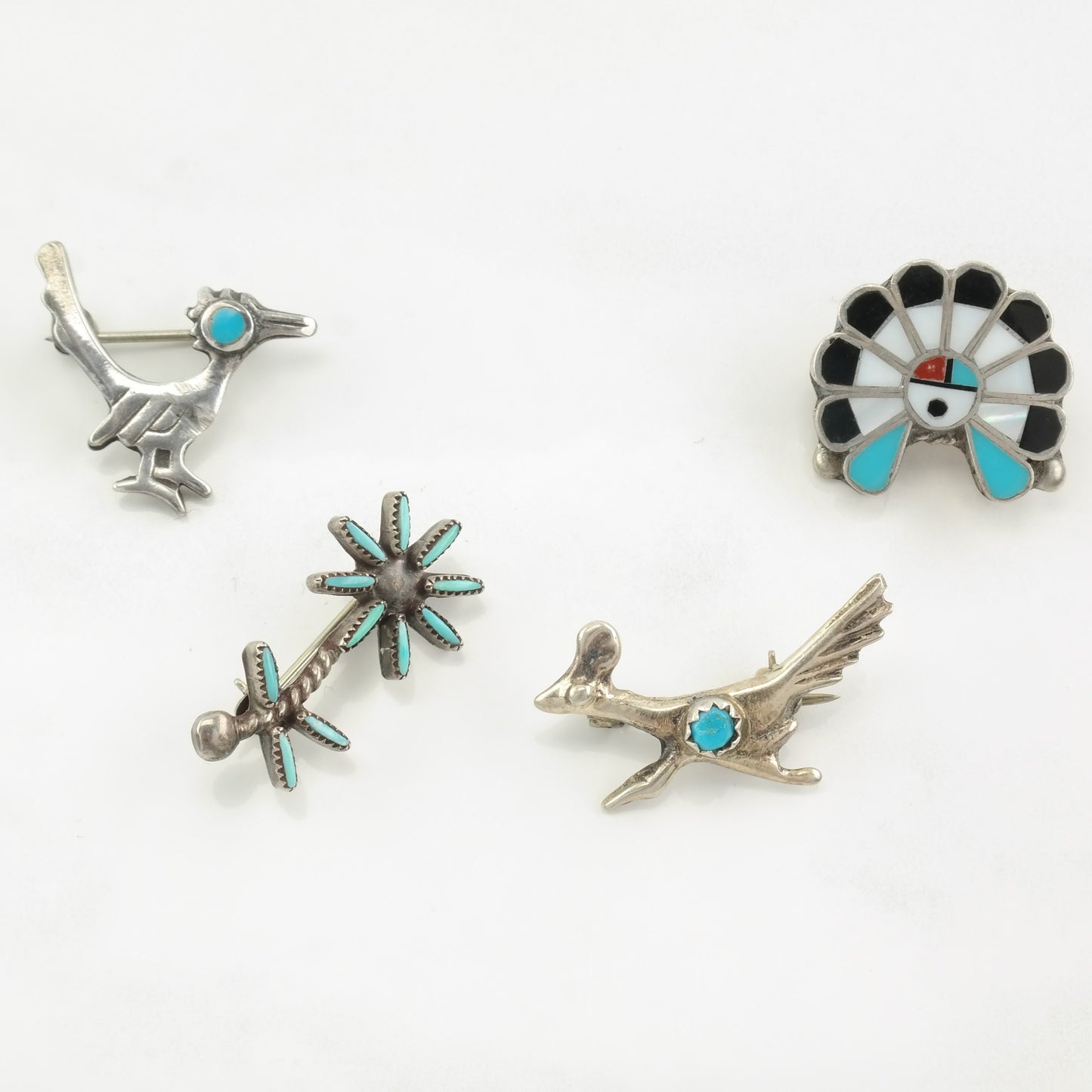 Choice of Native American Brooch Roadrunner, Flower, Zuni Sunface Multi Gem Sterling Silver