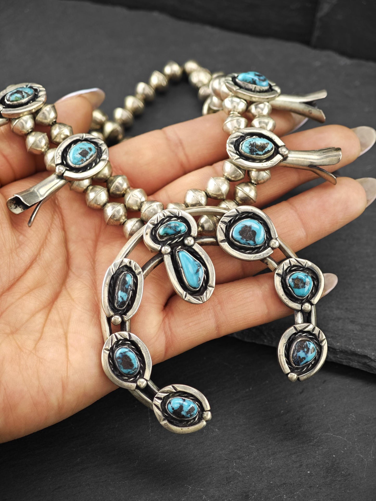 Native American Turquoise Squash Blossom Necklace Sterling Silver