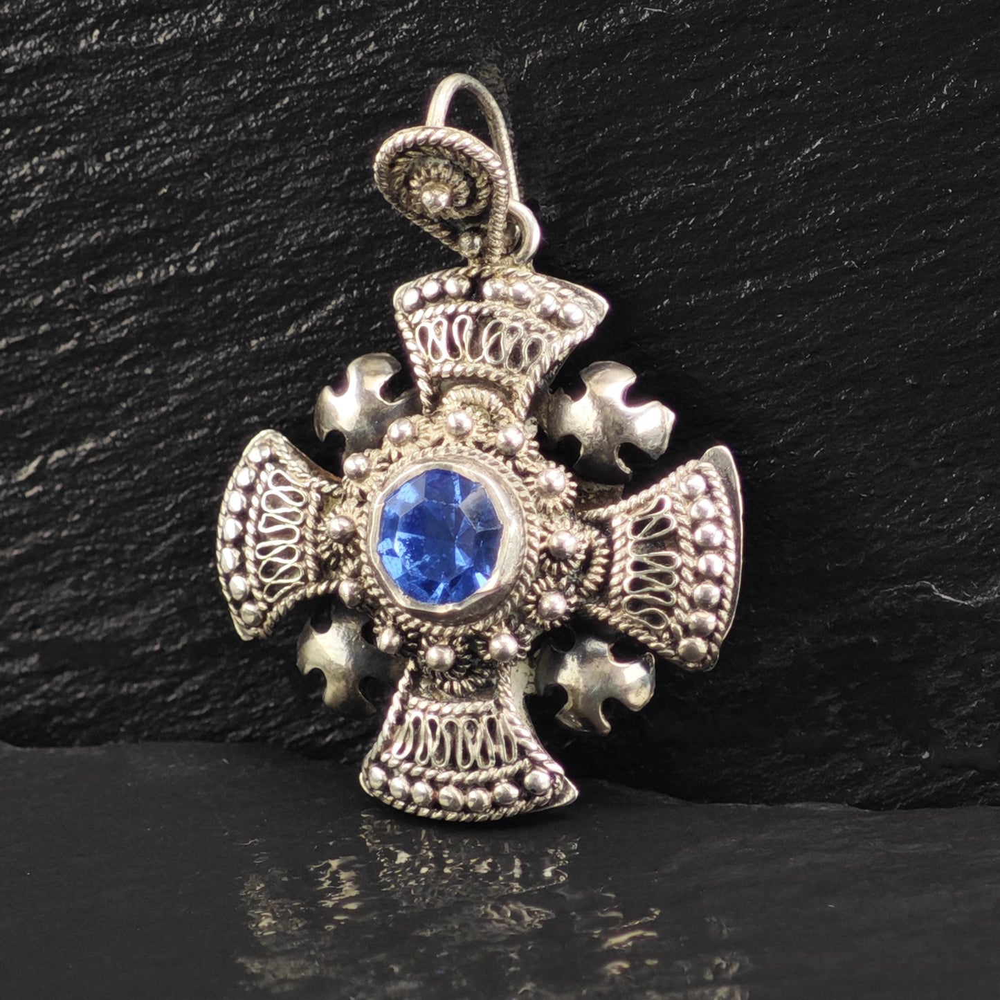 Blue Stone Jerusalem Cross Pendant Sterling Silver P3074