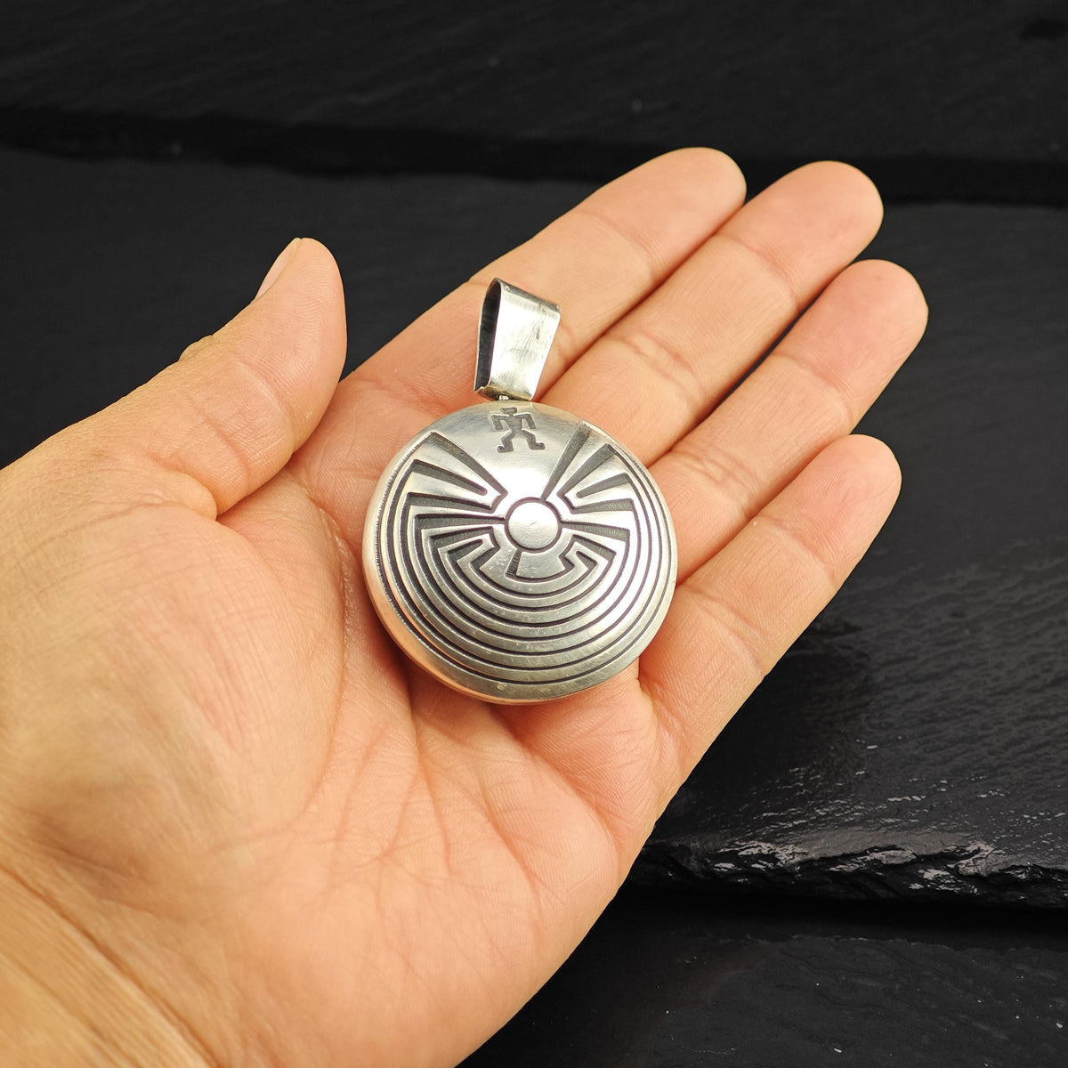 Hopi Overlay Tapuat Overlay Round Sterling Silver Pendant P3136