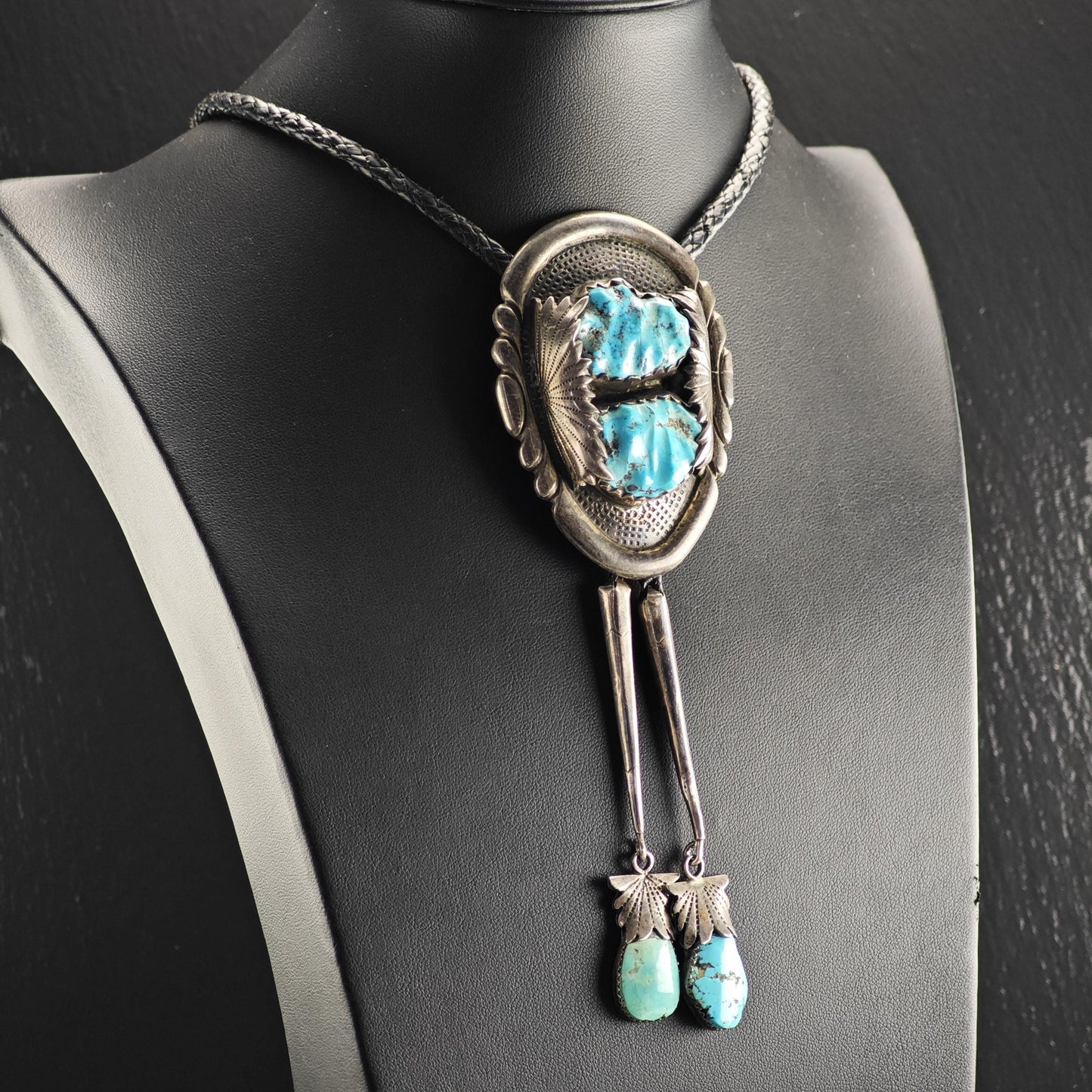 Vintage Turquoise, Zuni Robert & Bernice Leekya Sterling Silver Bolo Tie Necklace N2768