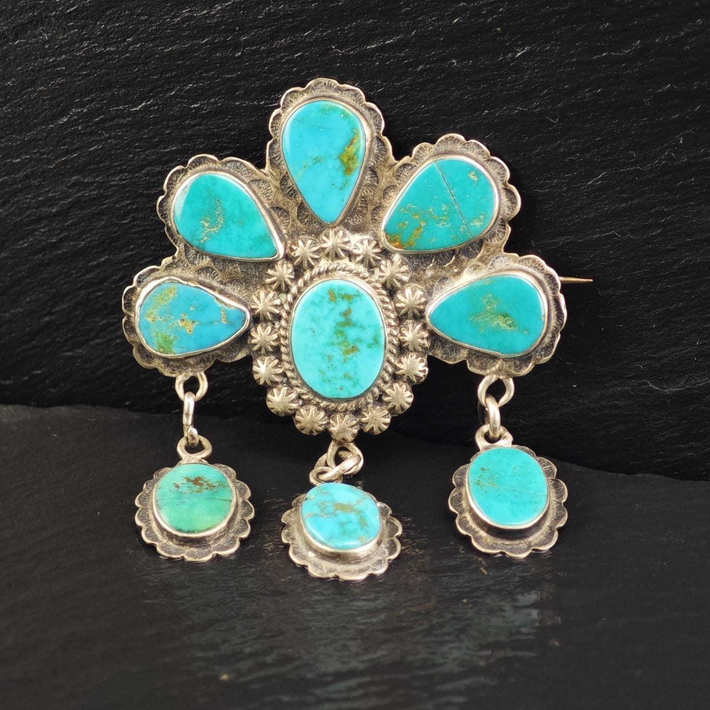 Historic, Native American Turquoise Sterling Silver Brooch