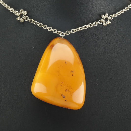 Large Amber Butterscotch Chain Necklace Silverplate