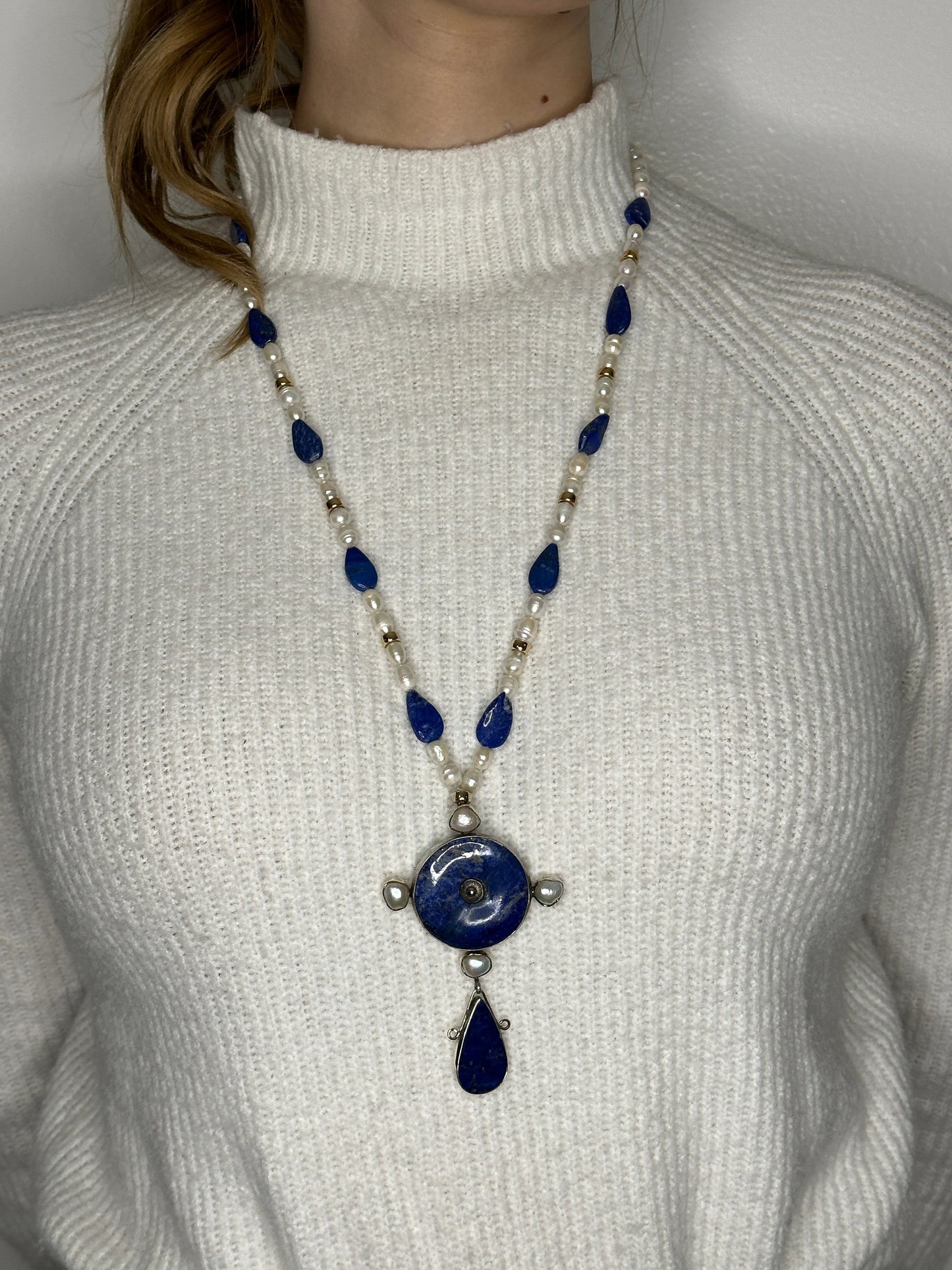 Vintage Sterling Silver White Blue FW Pearl Lapis Lazuli Gold Color Beads Necklace