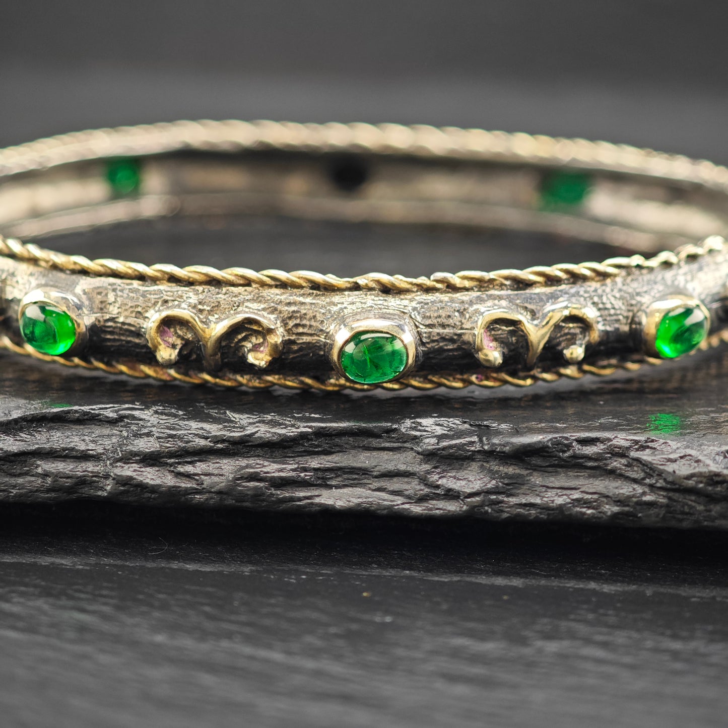 Vintage Aries Emerald Black Onyx  Sterling Silver Bangle 7" 10253142981_8748