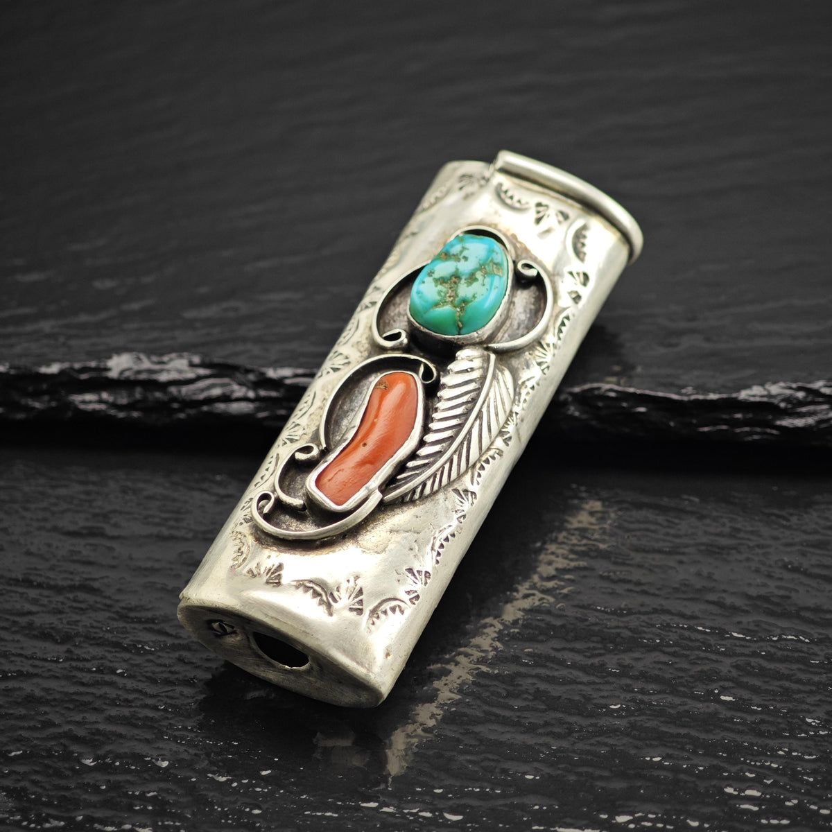 Native American Lighter Cover Turquoise Coral Feather Design Sterling Silver MISC0404