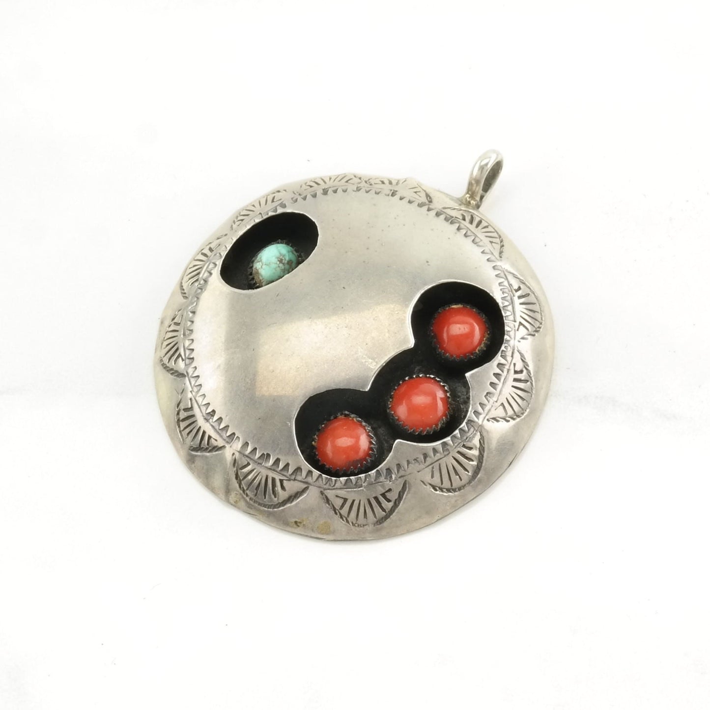 Native American Turquoise, Coral Shadowbox Sterling Silver Pendant