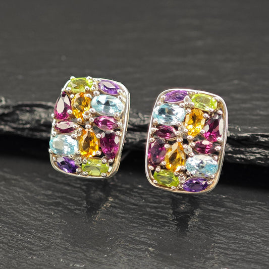 Vintage Multi-color Gemstones, Cluster Omega Back Earrings Sterling Silver