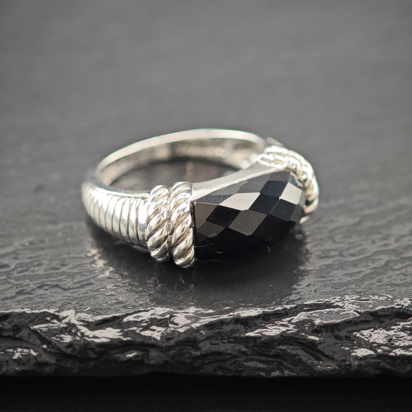 Judith Ripka Faceted Black Onyx Ring Sterling Silver Sz 9