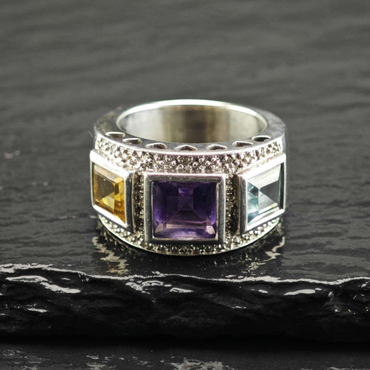 Trio Band Diamond Chips Sterling Silver Ring Sz 6 R6826