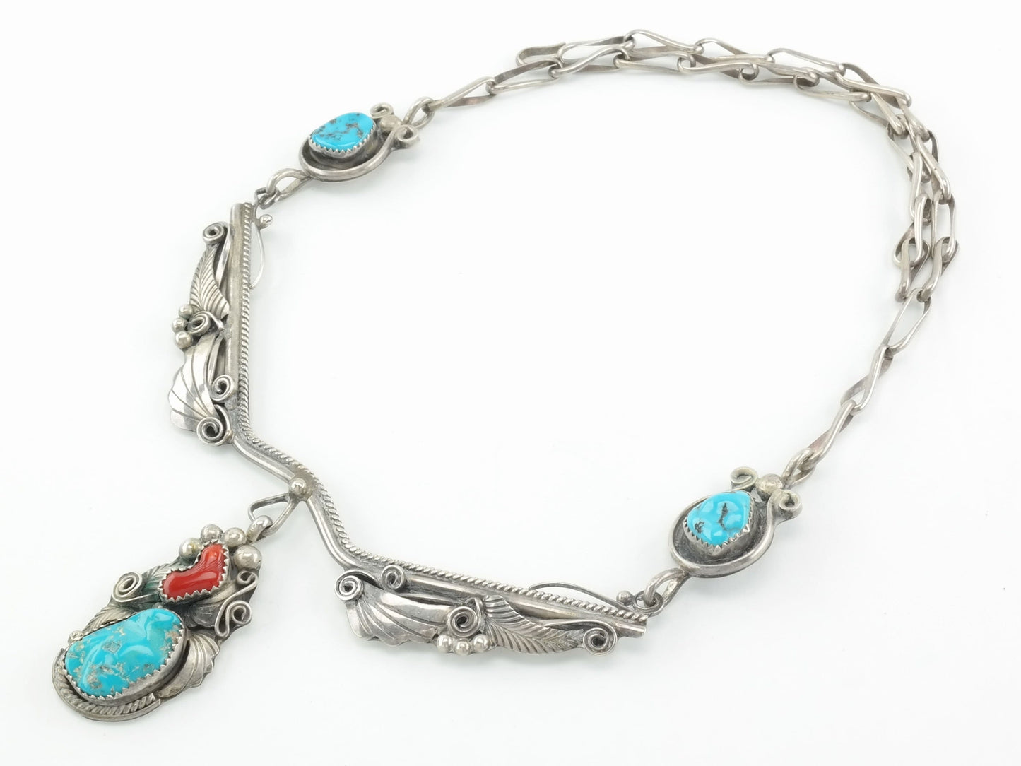 Justin Morris Turquoise, Coral, Feather, Lariat Navajo Necklace