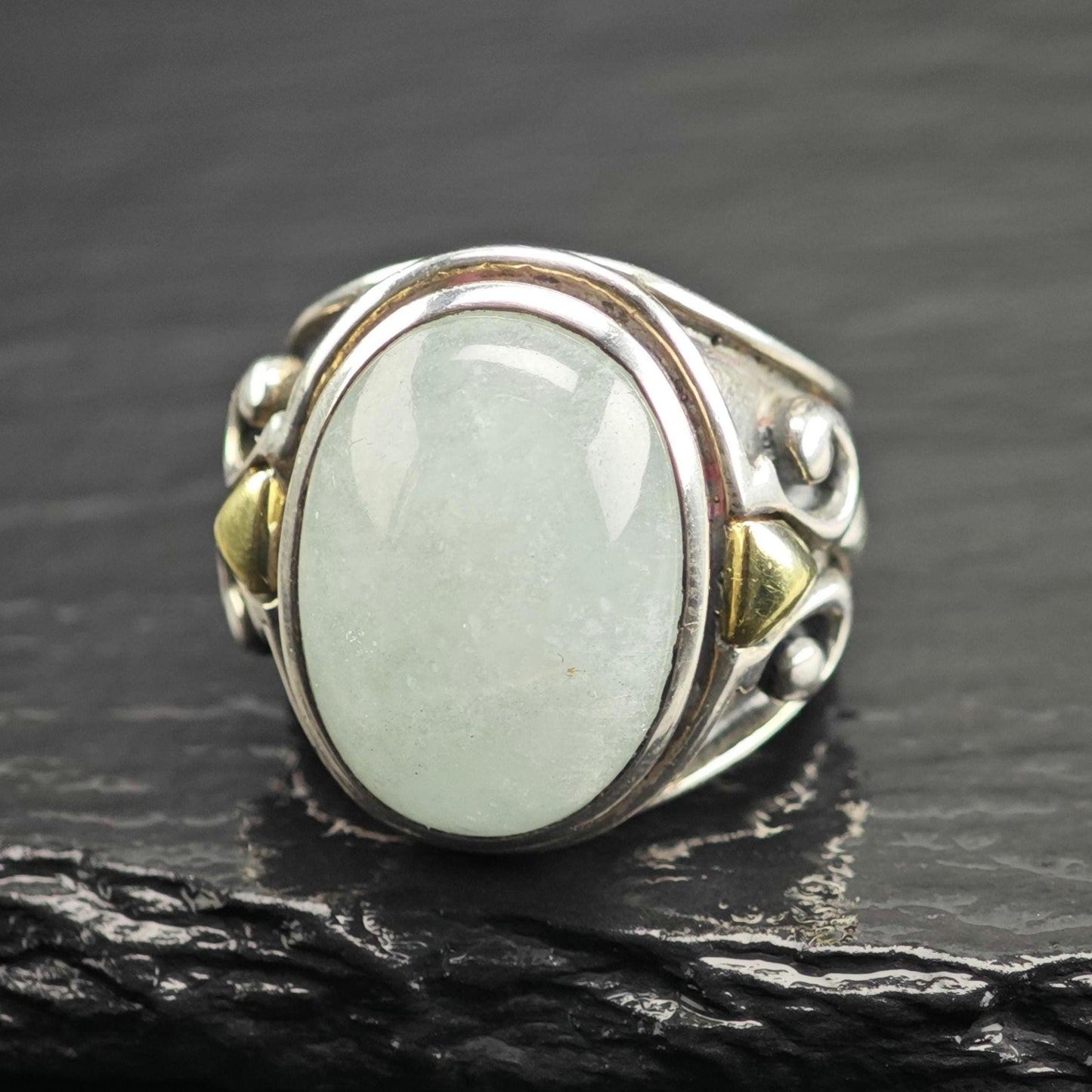 BJC Aquamarine Cabochon 18K Gold Accent Sterling Silver Ring Sz 5 1/4 R6690