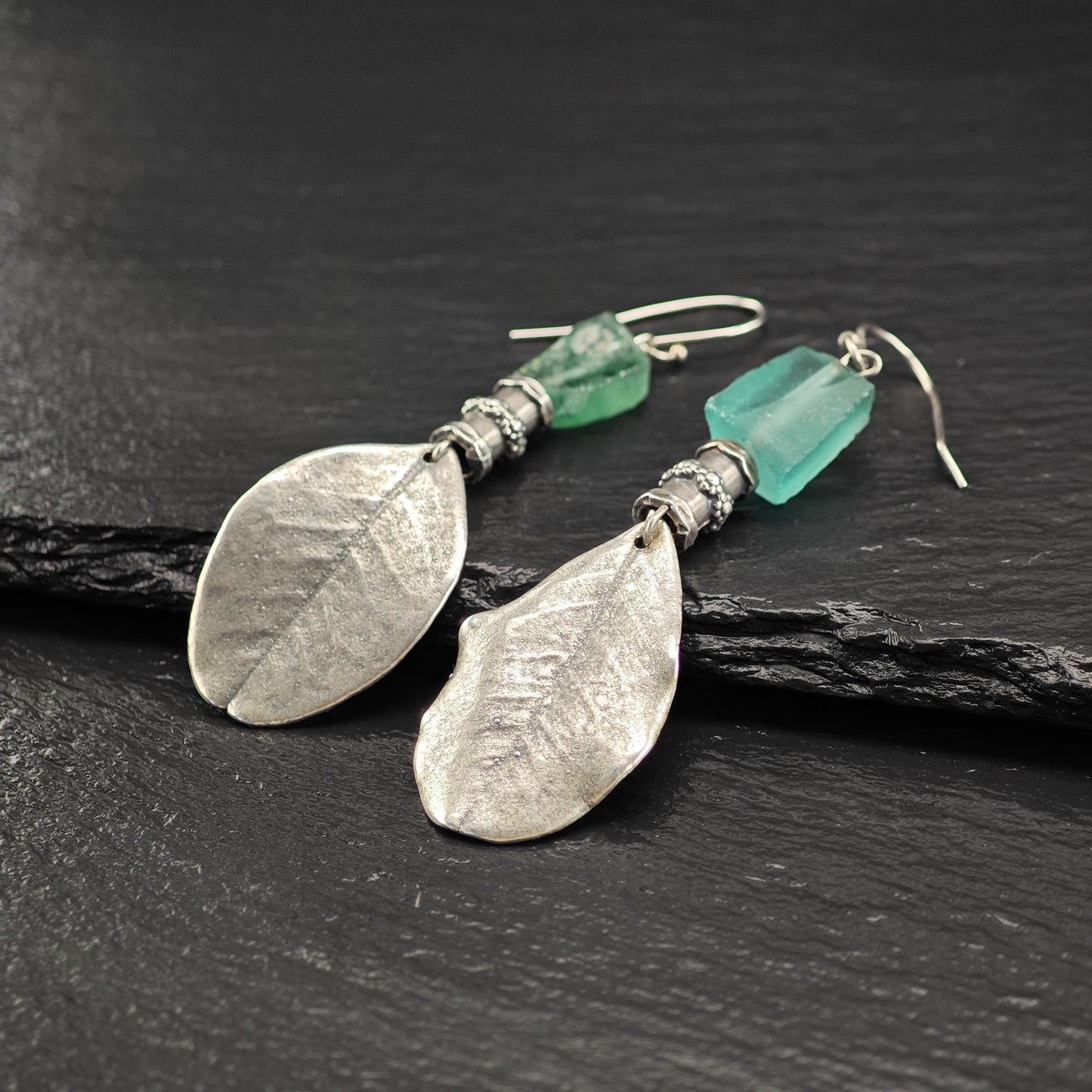 Vintage Green Sea Glass, Leaf Fish Hook Earrings Sterling Silver