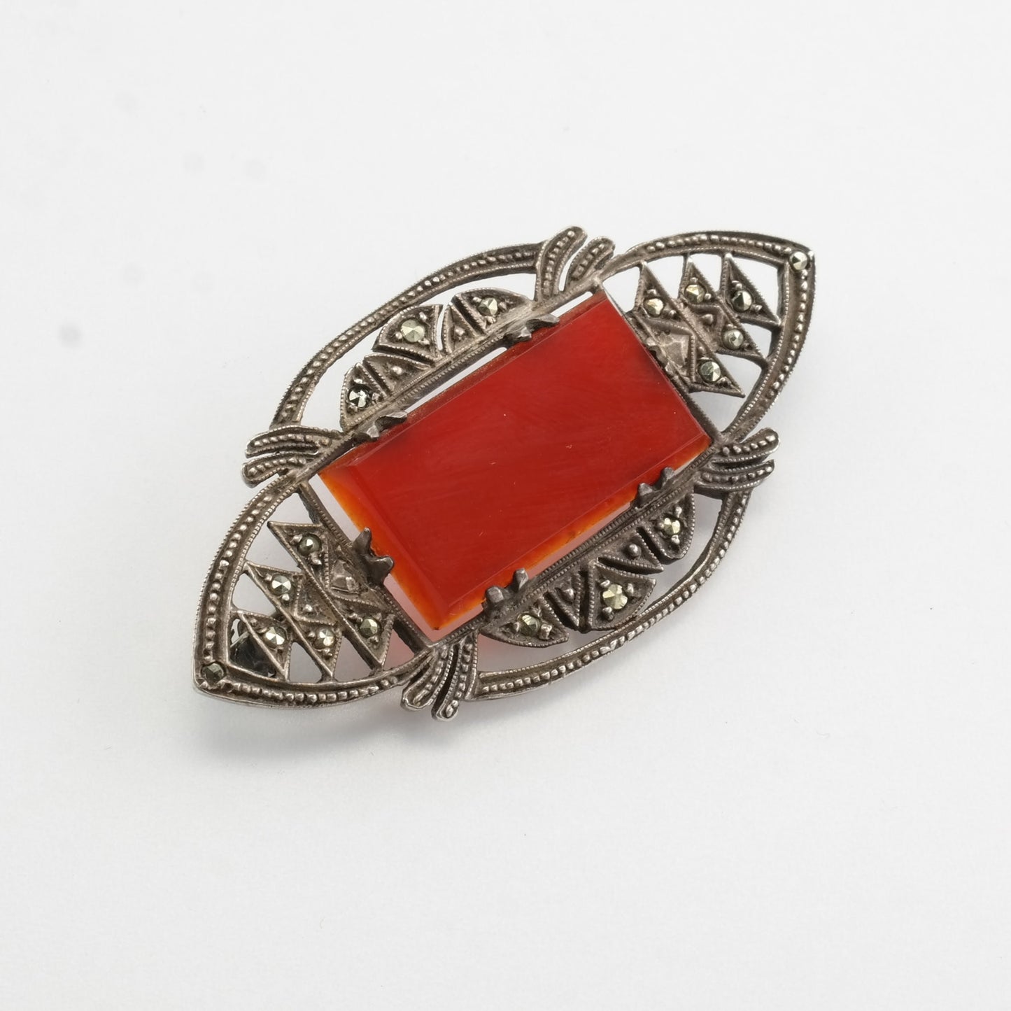 Art Deco Sterling Silver Brooch Carnelian Marcasite