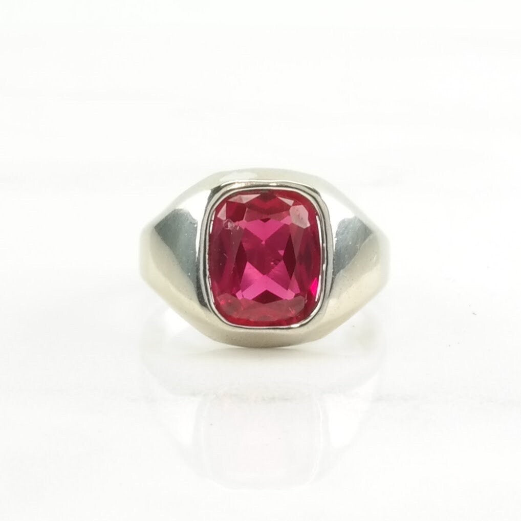 Art Deco Style, Pinky Ring Silver Ring Created Ruby Modernist Sterling Pink Size 6 1/2