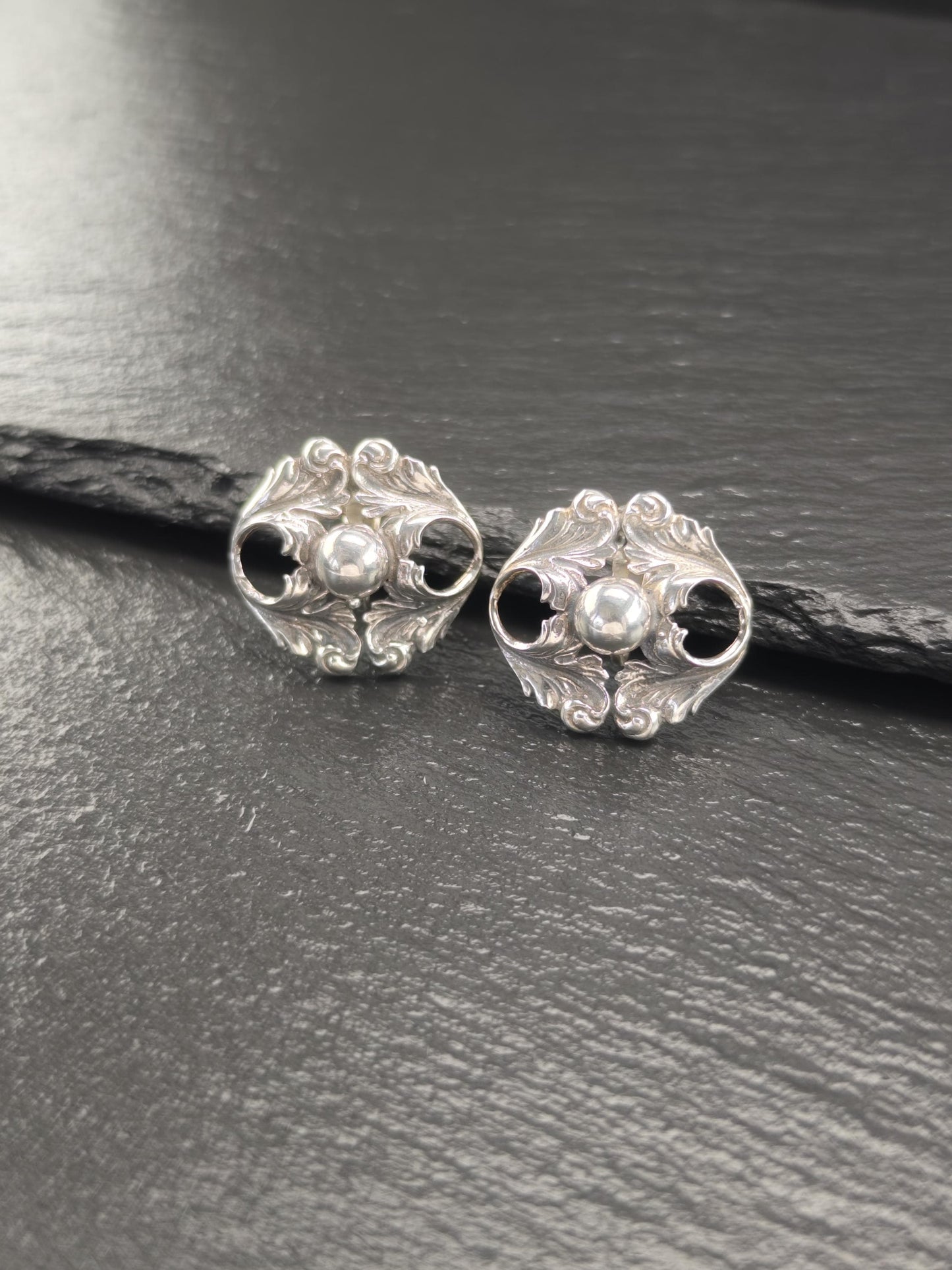 Vintage Sterling Silver Cini Floral Clip-On Earrings Art Nouveau Style