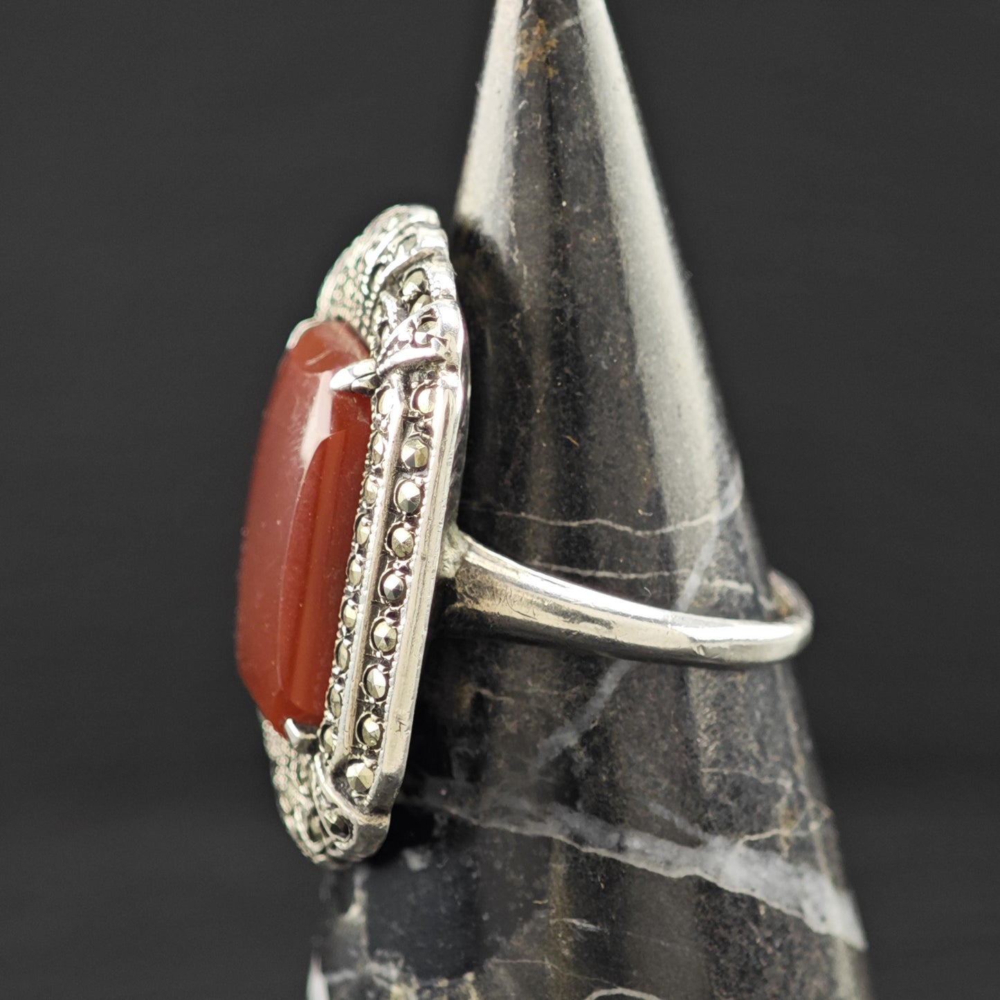 Art Deco Style Carnelian Marcasite Ring Sterling Silver Sz 6 R6253