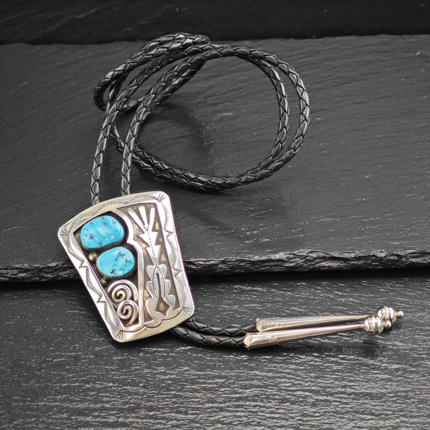 Vintage Native American Sterling Silver Sleeping Beauty Turquoise Shadow Box Bolo Tie Necklace N2747