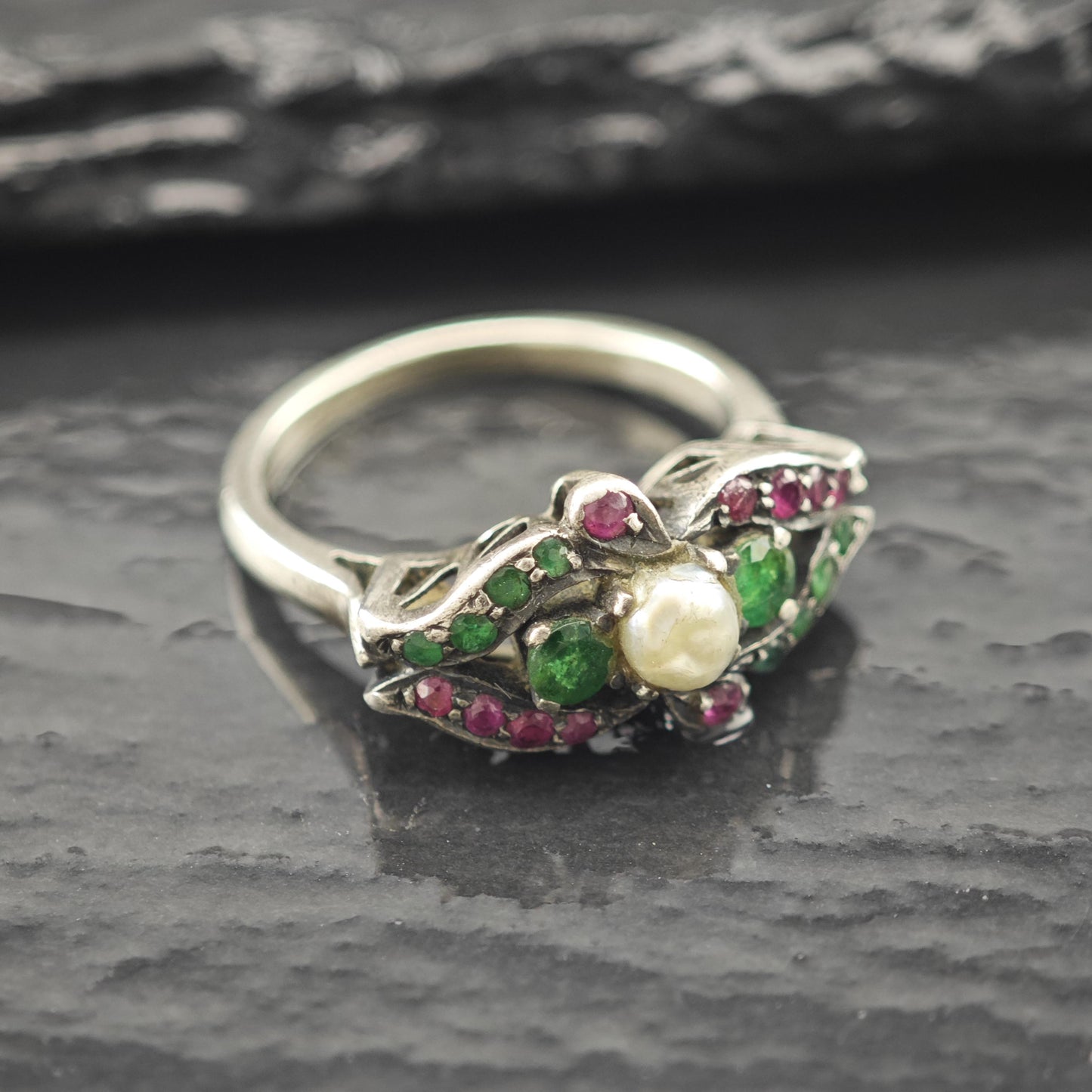 Antique Victorian Emerald Ruby Natural Pearl Ring Sterling Silver Size 6 3/4