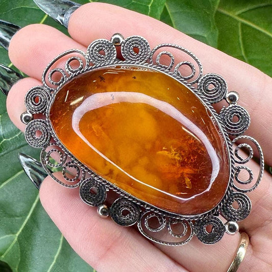 Boho Sterling Silver Brooch Filigree Baltic Amber