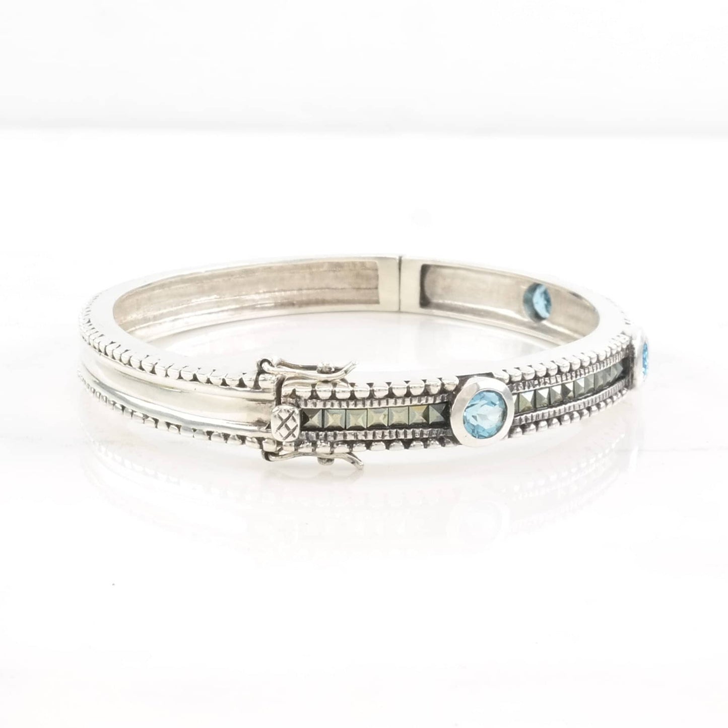 Sterling Silver Bangle Bracelet Blue Topaz Marcasite