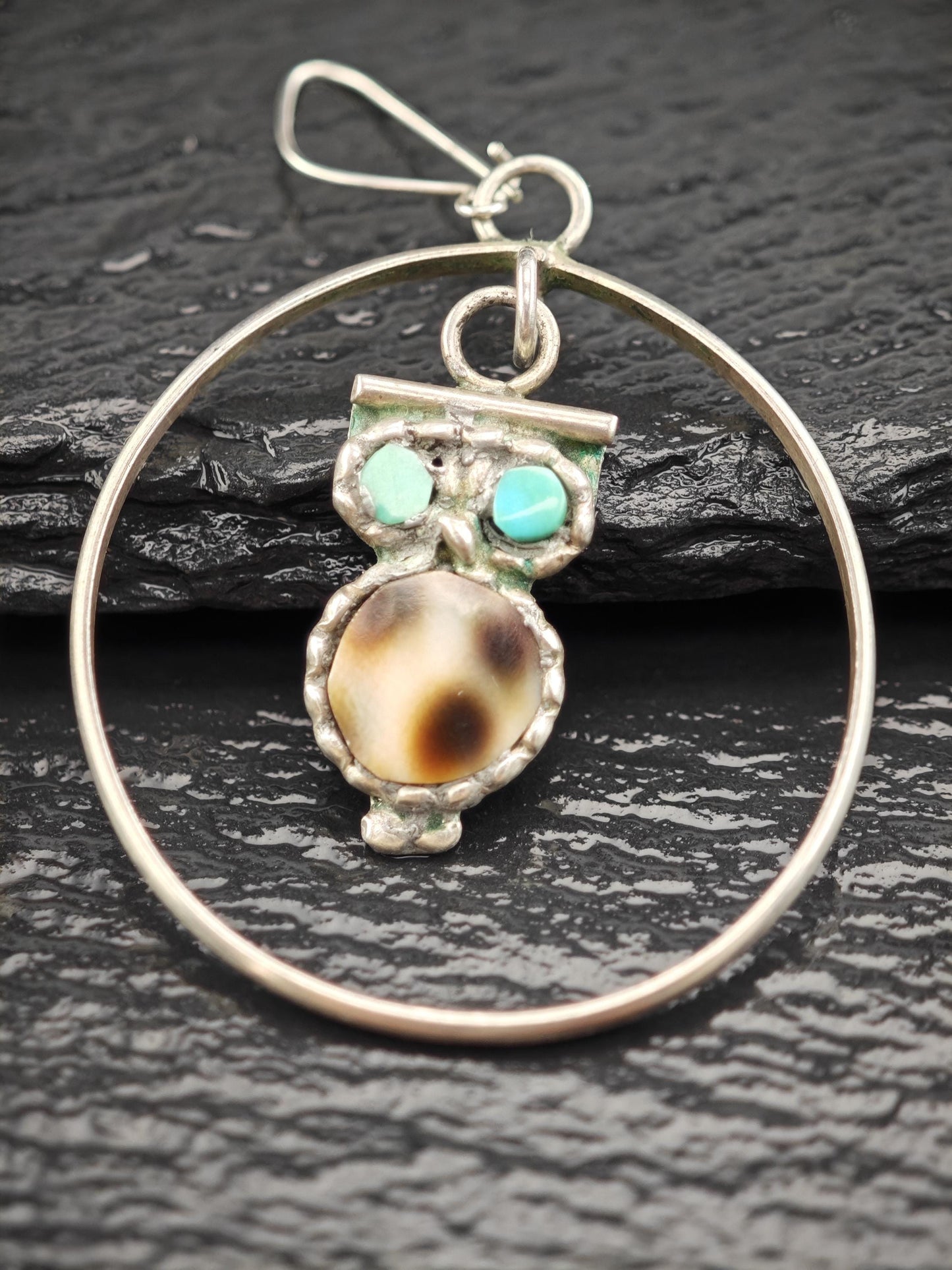 Zuni Inlay Hoop Earrings - Vintage Owl Design Sterling Silver