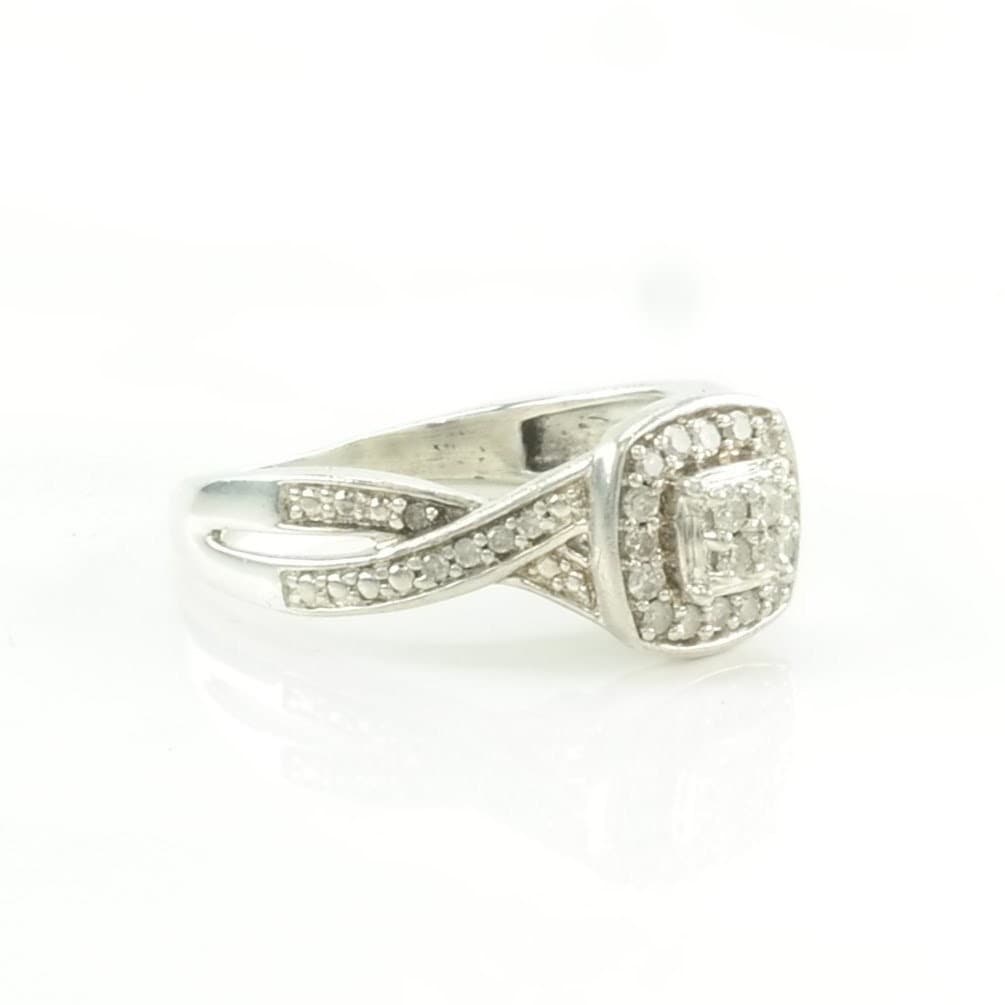 Sterling Silver Ring Diamond Square, Halo Size 5