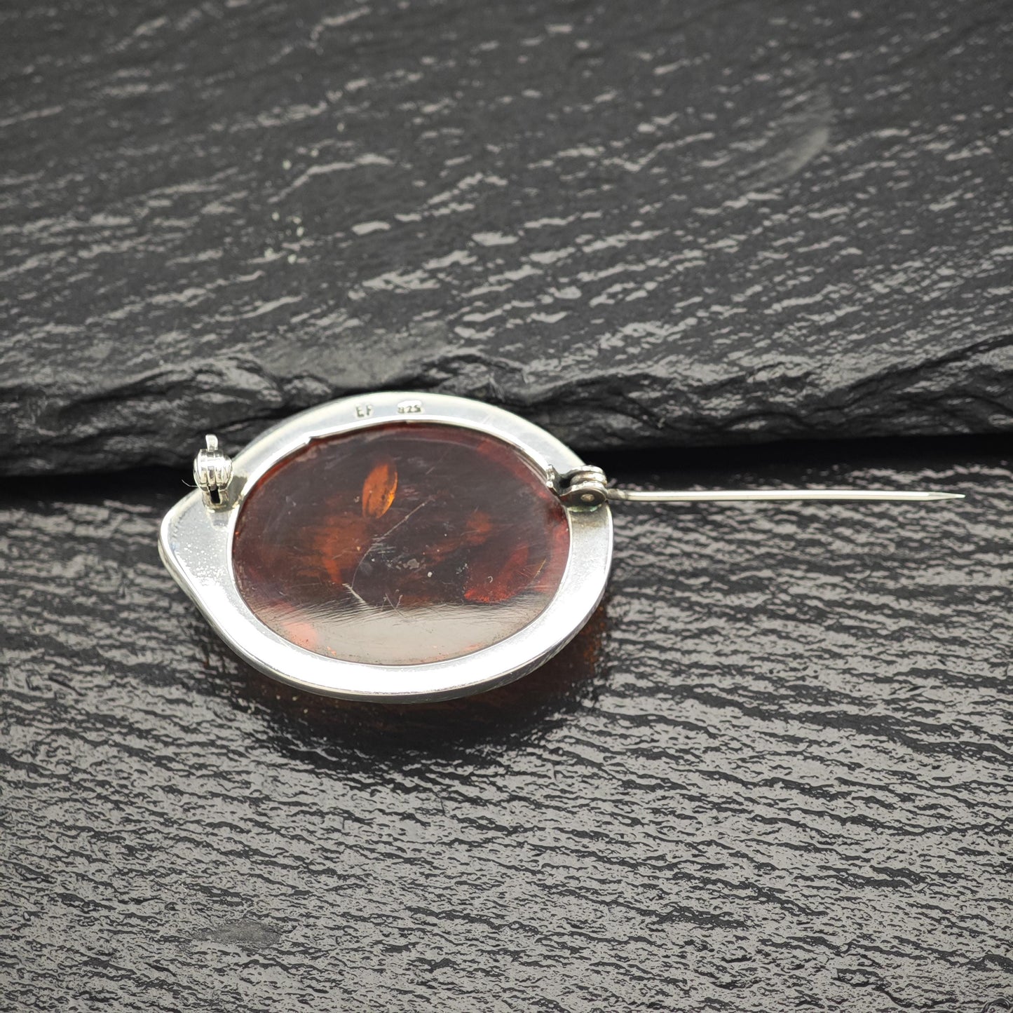 Vintage European Sterling Silver Brooch Oval Orange Natural Amber