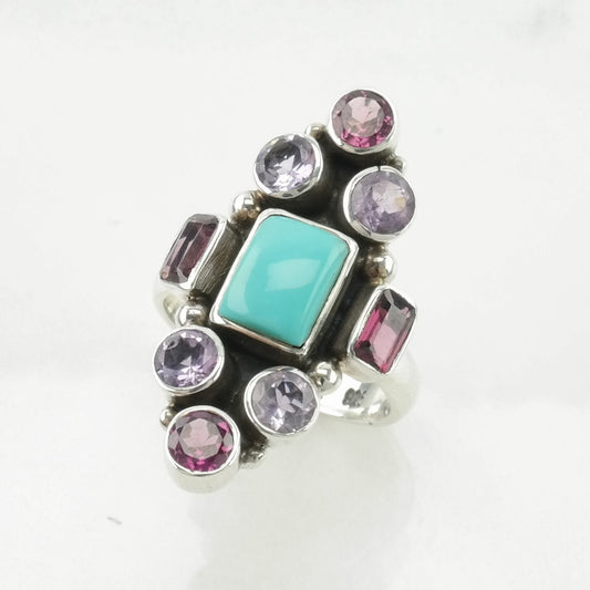 Nicky Butler Silver Ring Turquoise, Garnet, Amethyst Cluster Sterling Size 6