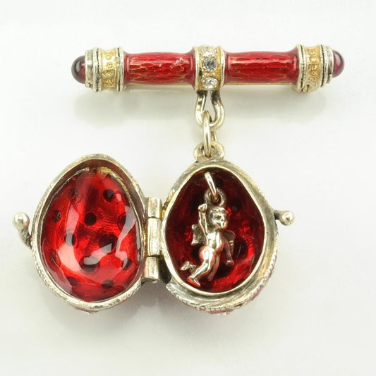 Vintage Soviet USSR Enamel, Garnet Egg, Cupid Sterling Silver Pendant