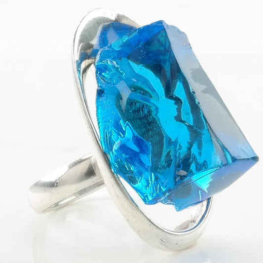 Vintage Sterling Silver Ring Crystal Modernist Bright Blue Size 8 1/2