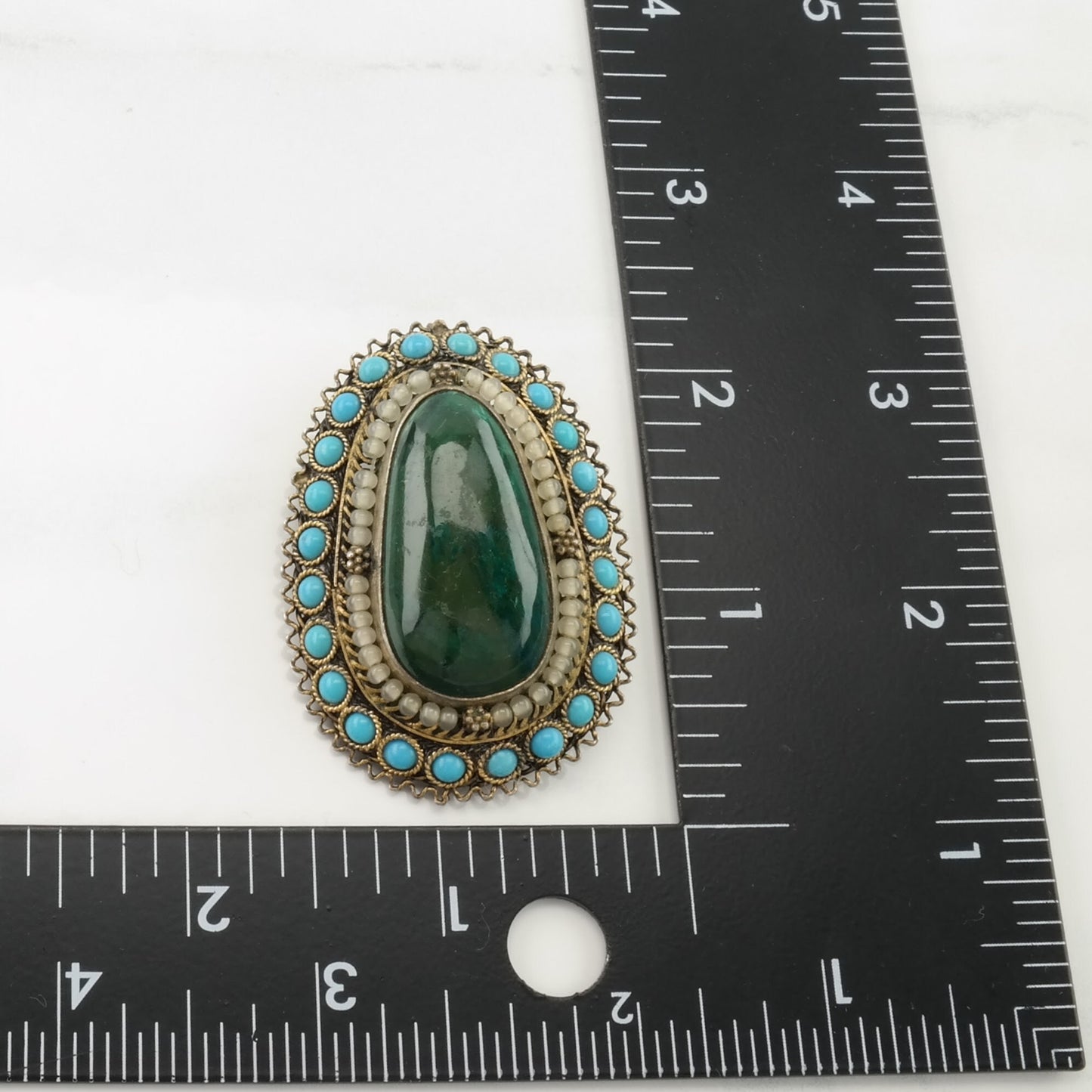 Israel Sterling Silver Brooch Pendant Filigree Blue, Green Created Turquoise, Eilat Stone