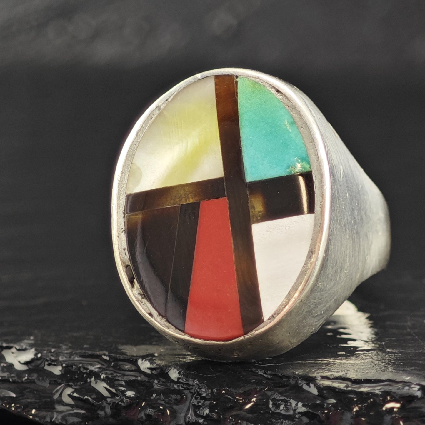 Large Native American Inlay Sterling Silver Ring Sz 12