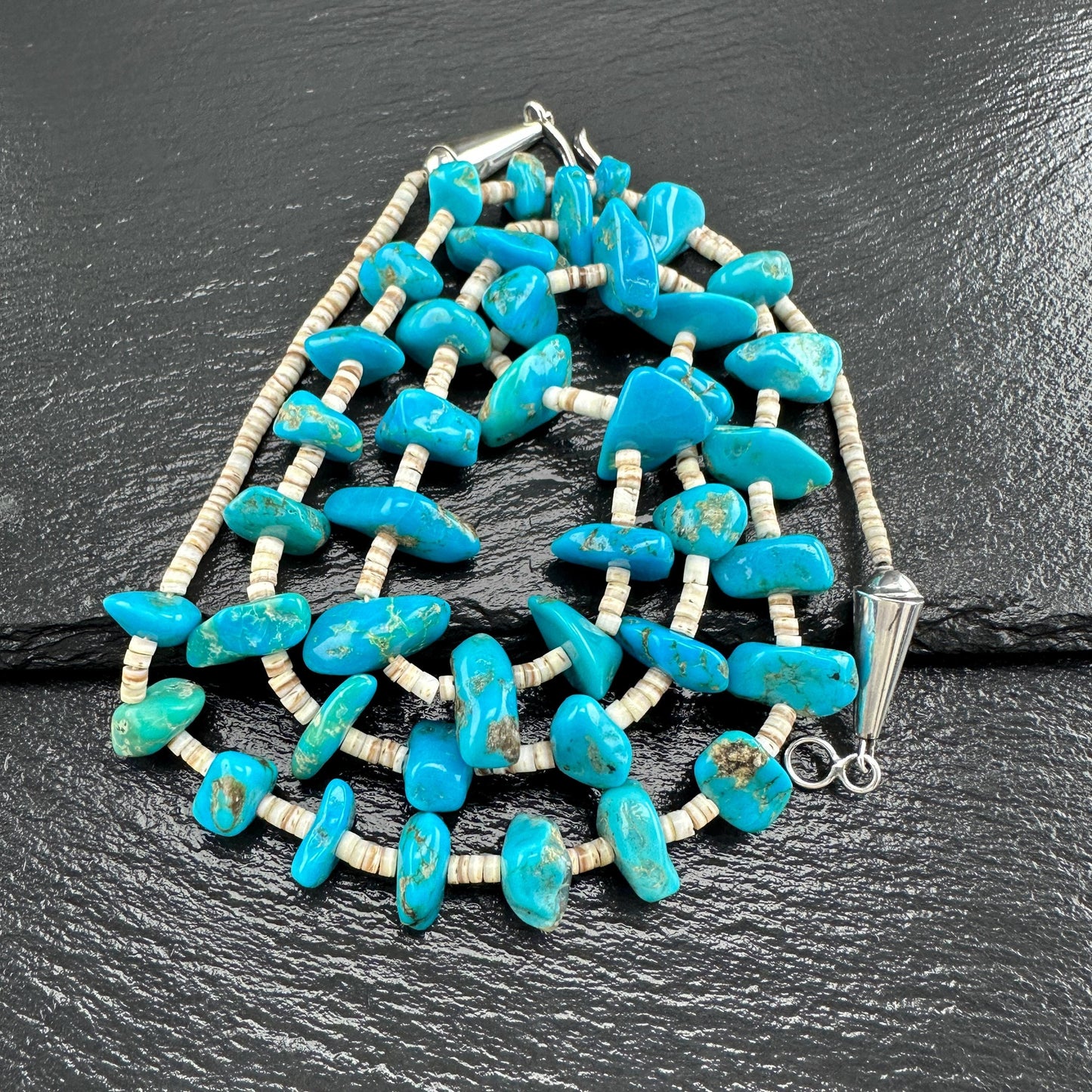 Sterling Silver Heishi Necklace with Blue Turquoise N2574