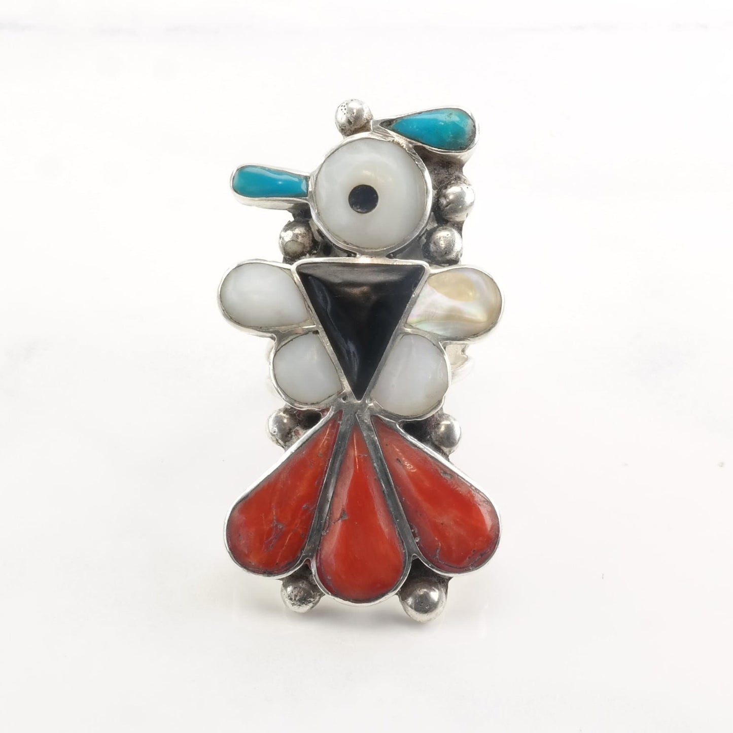 Large Native American Silver Ring Turquoise Onyx MOP Coral Inlay Thunderbird Size 6 1/2