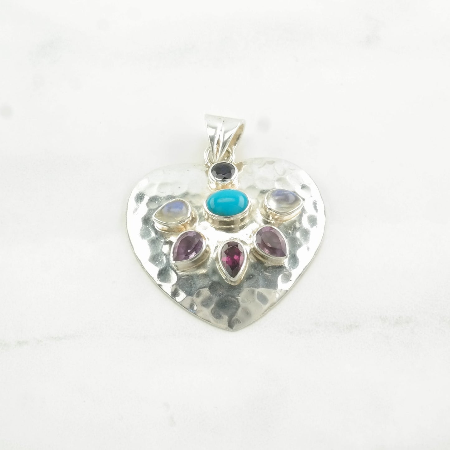 Vintage Nicky Butler Turquoise, Onyx, Moonstone, Garnet Heart Sterling Silver Pendant