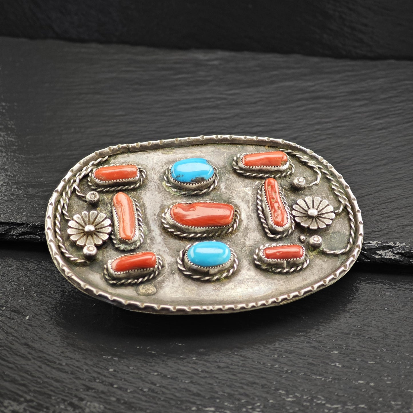Large Sterling Silver Belt Buckle with Turquoise Coral Floral Design Native American Style