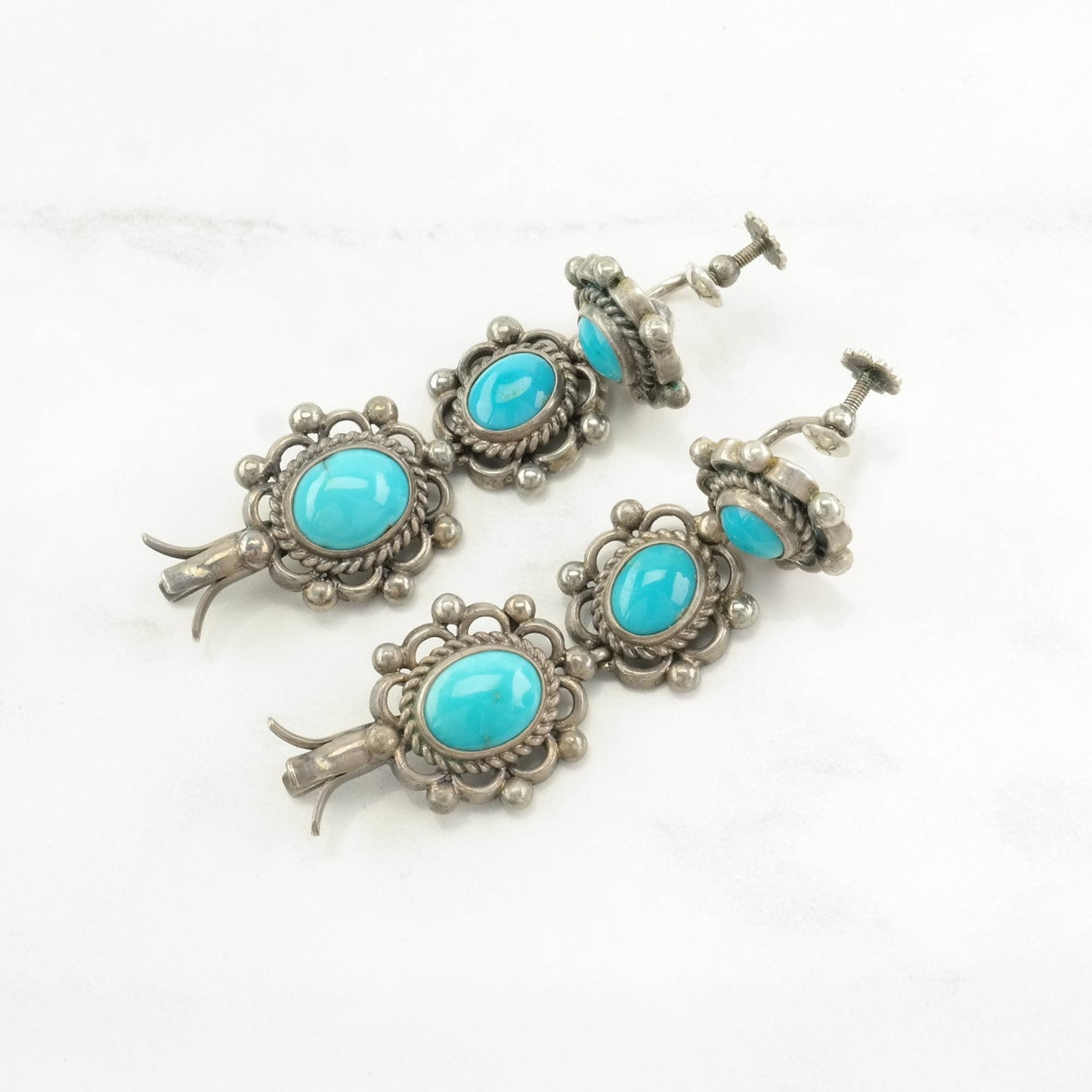 Vintage Southwest Sterling Silver Blue Turquoise Floral Squash Blossom Necklace Earrings Set