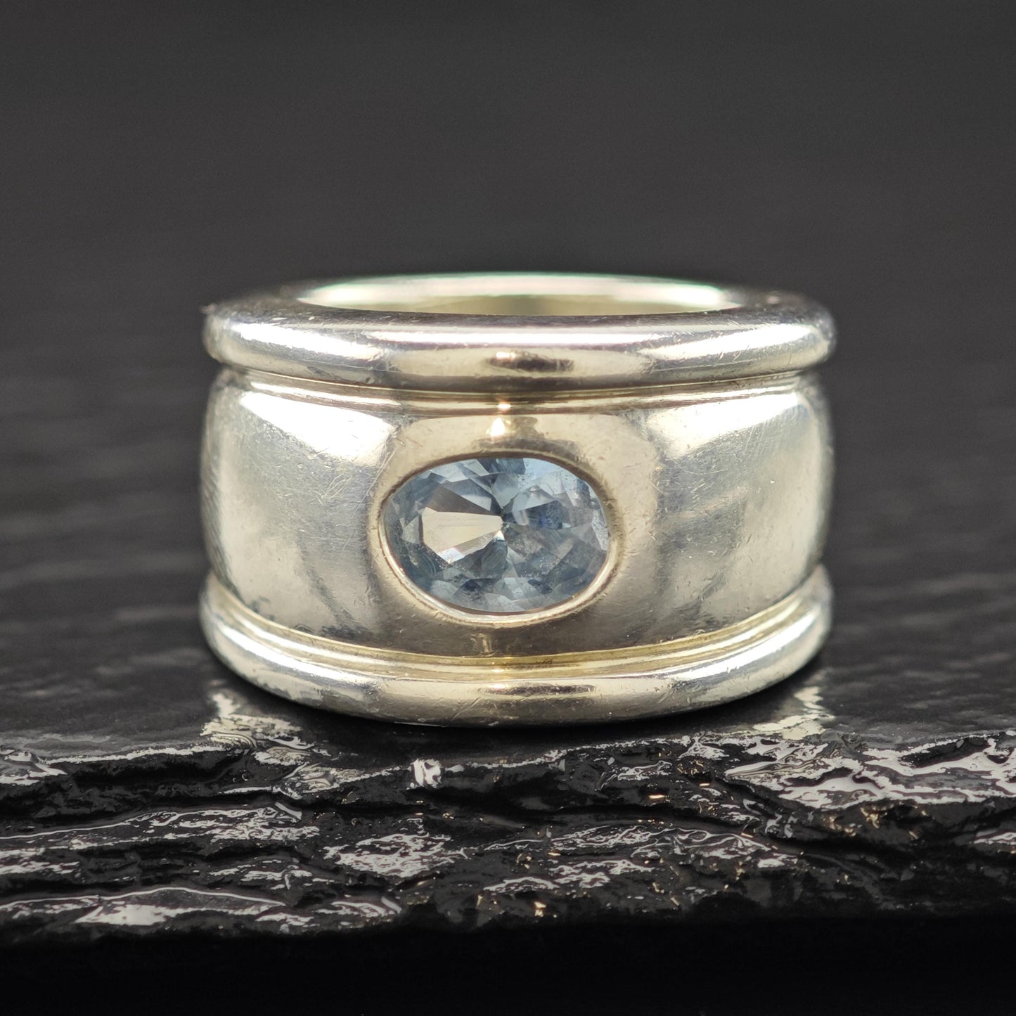 Sterling Silver Ring Wide Band with Blue Topaz Size 6 R6100