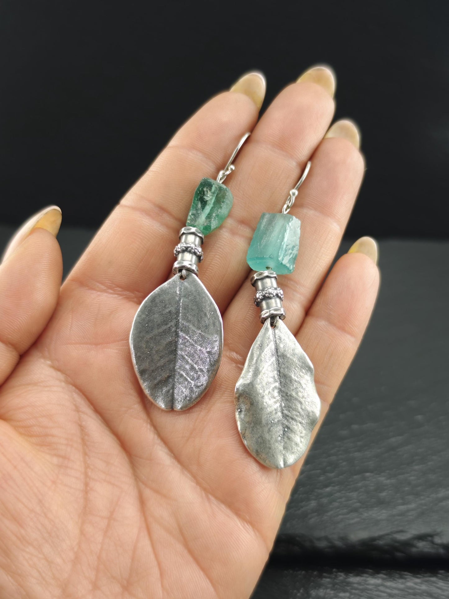 Vintage Green Sea Glass, Leaf Fish Hook Earrings Sterling Silver