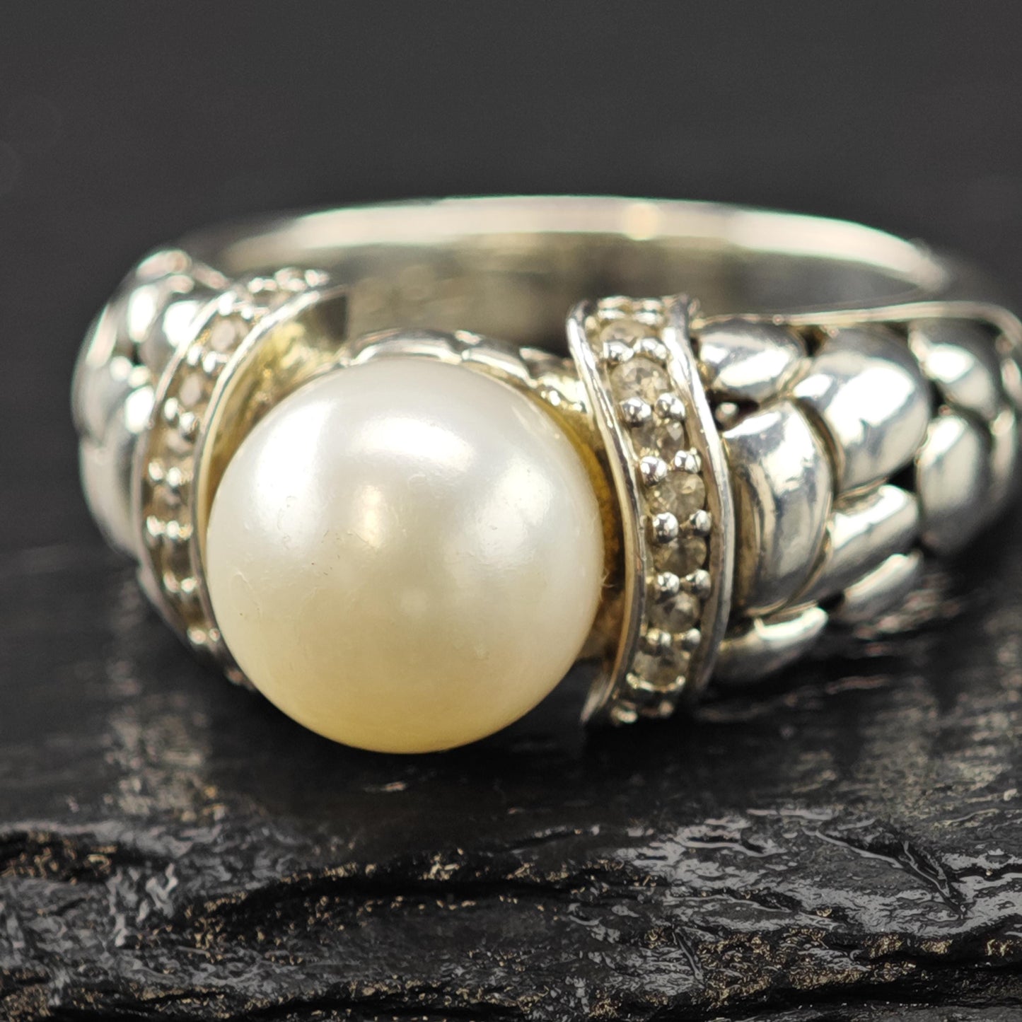 Effy Diamond Pearl Ring Sterling Silver Sz 7 1/4 R6029