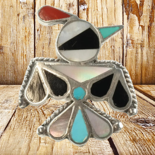 Vintage Zuni Sterling Silver Thunderbird Ring with Multi-Stone Inlay, Size 7, Attributed to Bobby Shack