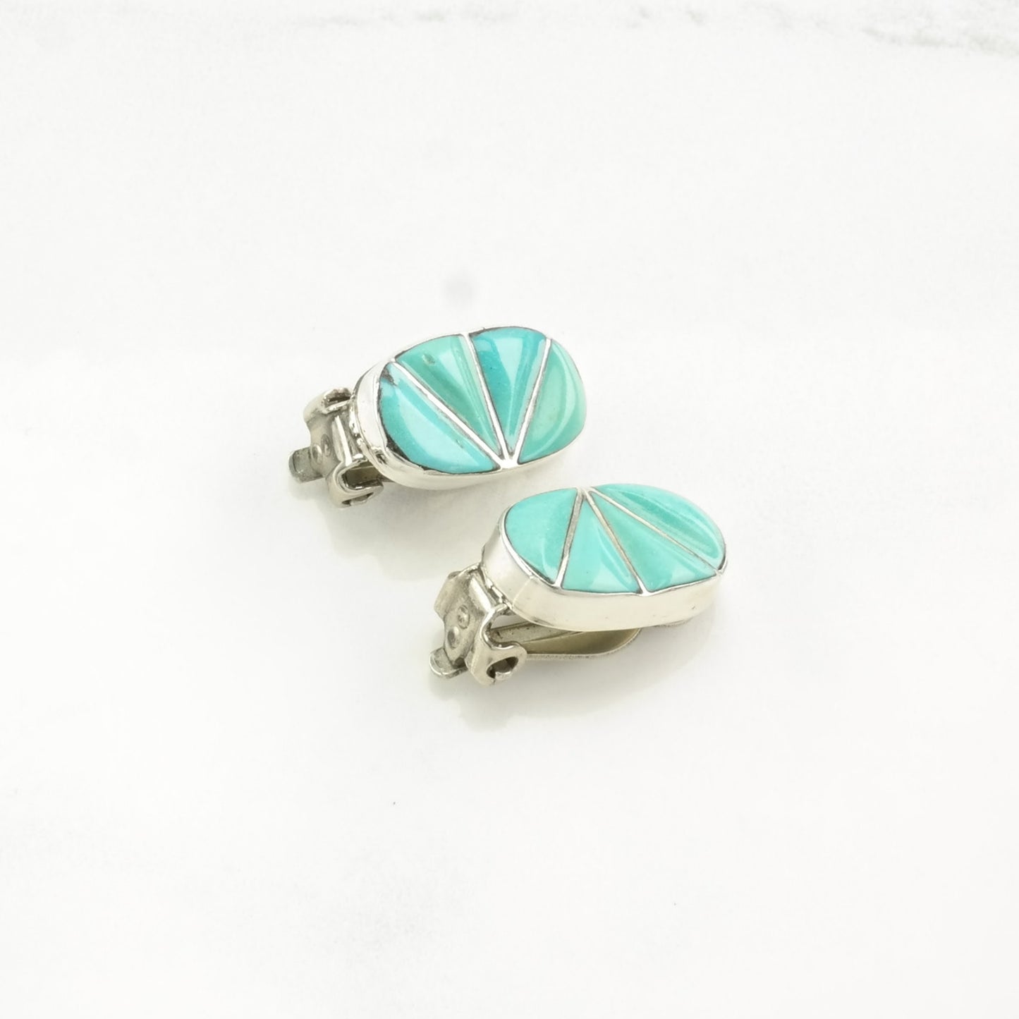 Native American Turquoise Cobblestone Inlay Sterling Silver Clip On Earrings Blue