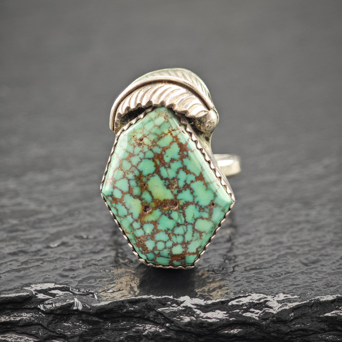 Native American Spiderweb Green Turquoise Ring Sterling Silver Sz 6