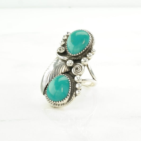 Native American Silver Ring Turquoise Leaf Sterling Blue Size 6 3/4