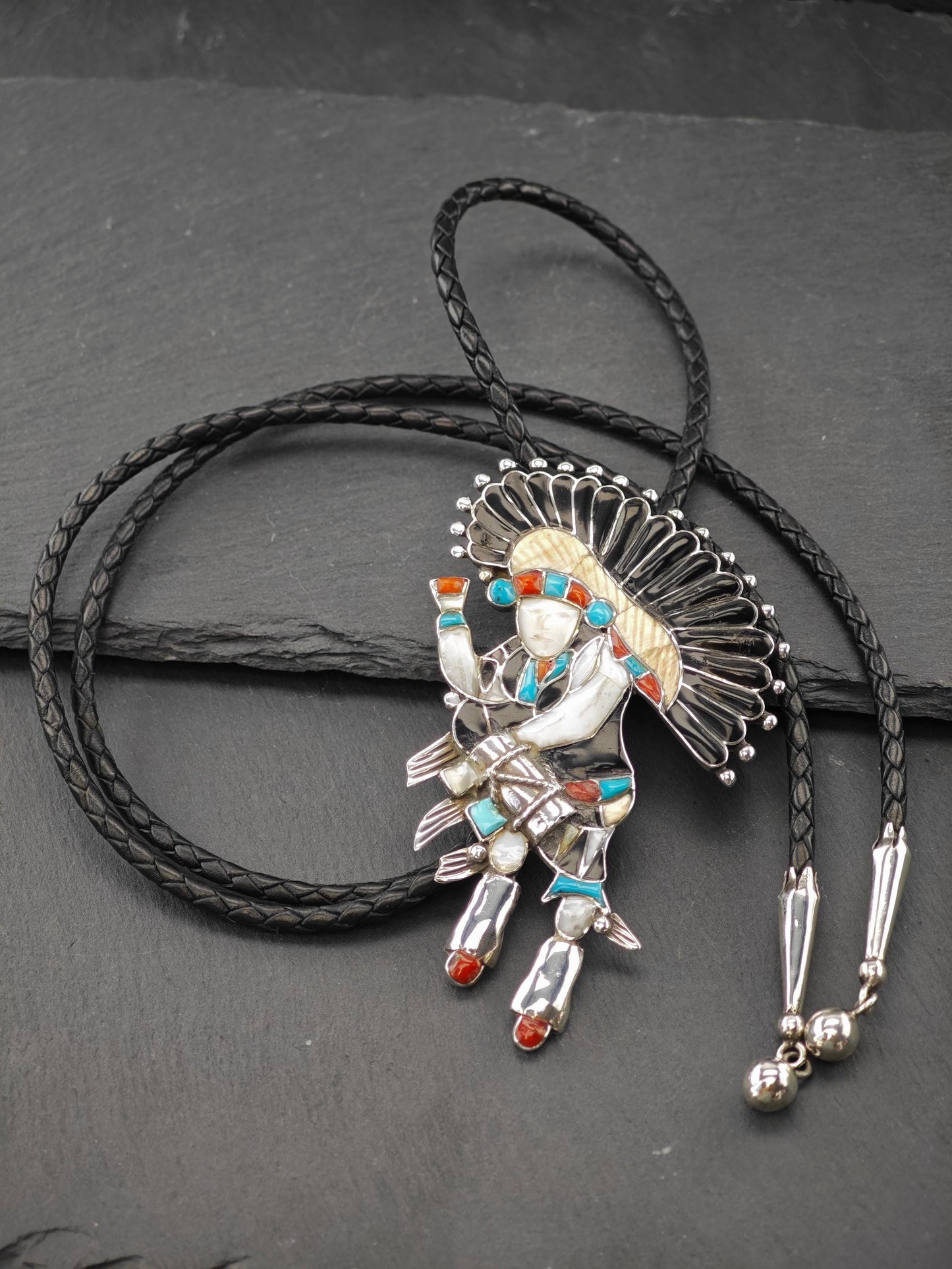 Sw Sterling Silver Inlay Drum Dancer, Kachina Bolo Tie Necklace N2429