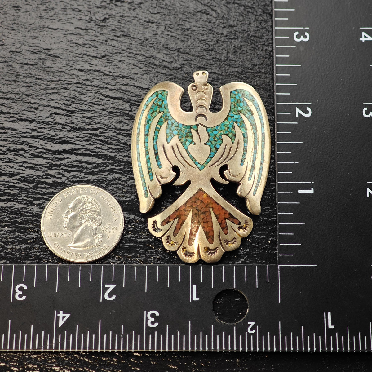 Jimmie Patterson Navajo Thunderbird Turquoise, Coral Inlay Sterling Silver Pendant P3152