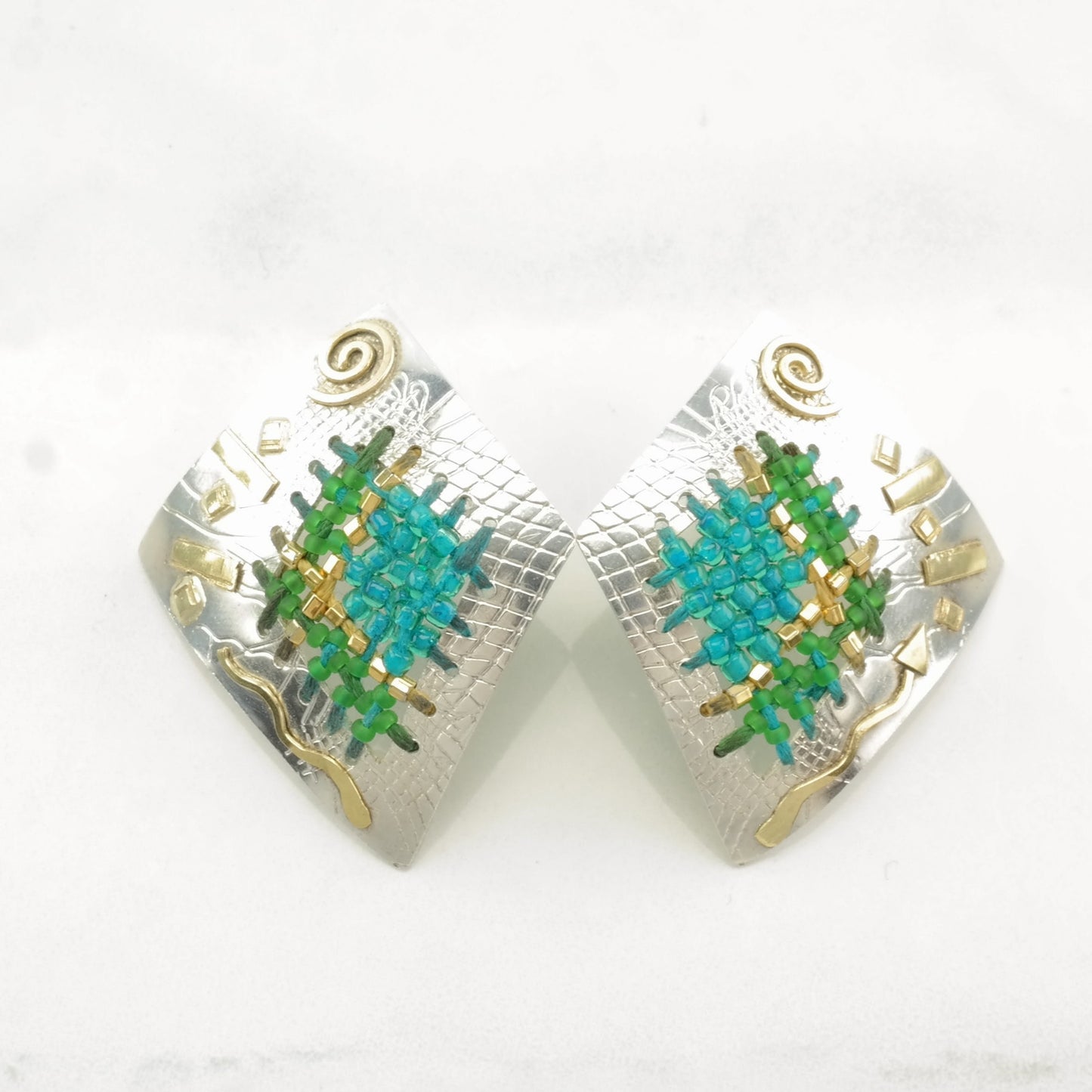 Sharon Donovan Sterling Silver Beaded, Textured 14K Gold Accent Earrings Stud