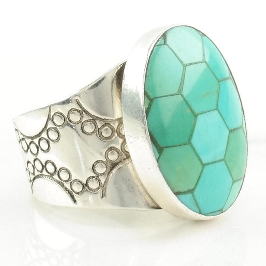 Vintage DTR Silver Ring Turquoise Honeycomb Inlay Sterling Blue Size 7