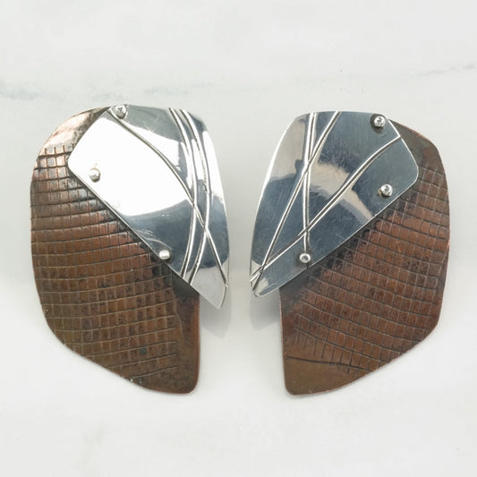 Sterling Silver, Copper Textured, Abstract Earrings Stud